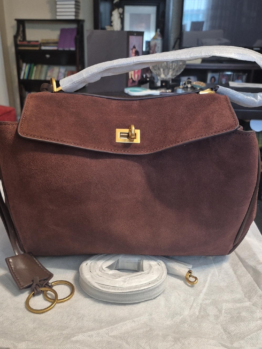Suede Top-Handle Shoulder Bag in Dark Brown with Gold Hardware
